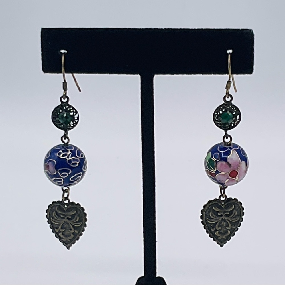 Earrings Cloisonne Flower Gold Tone Blue Green 80s VTG Jewelry Hook Drop Ball